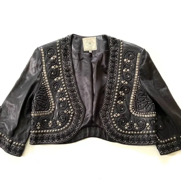 Double D Ranch Black Genuine Leather Beaded Studded Open Bolero Jacket - Picture 5 of 11